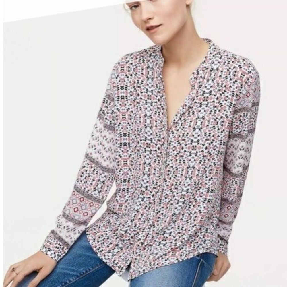 LOFT Floral Mosaic Pink and White Blouse